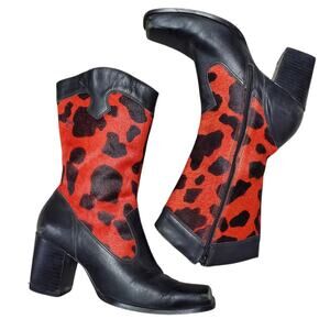 Y2k Boots Leather Pony Hair Cow Print Red & Black Square Toe Grunge - 8